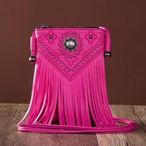 Pink Tassel Crossbody Cell Phone Purse for Women Western Shoulder Bag with Strap